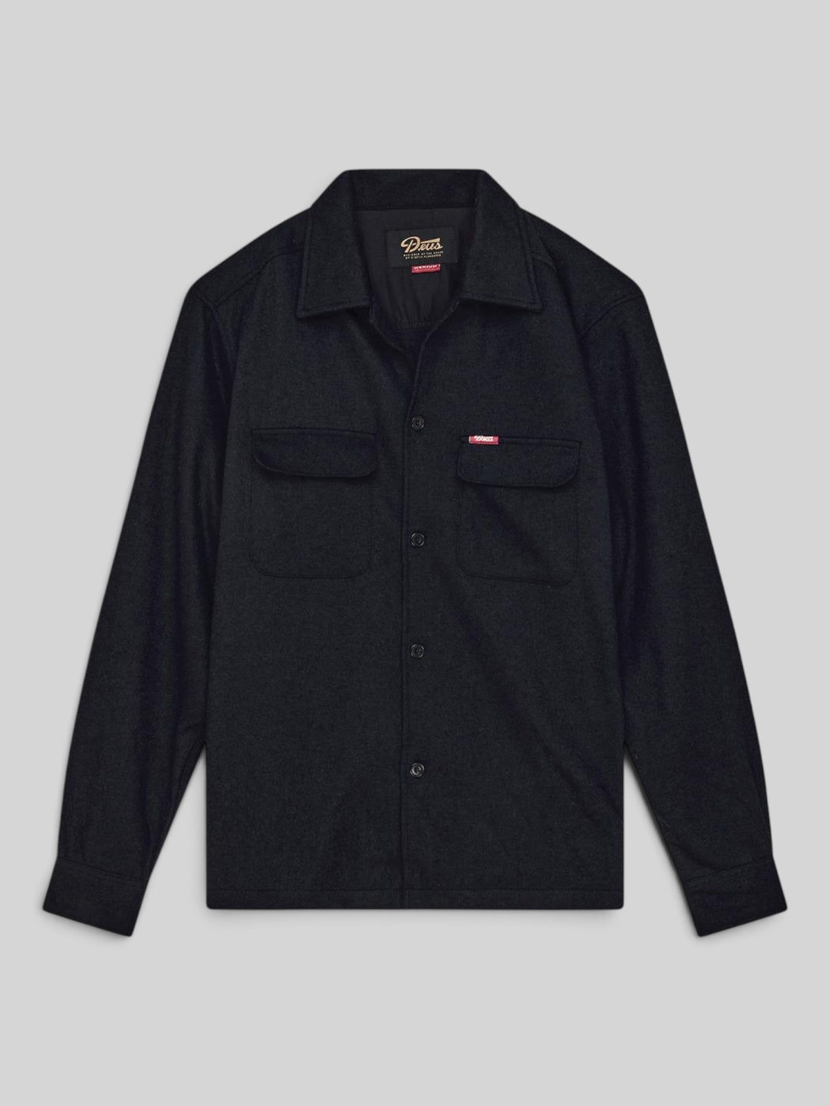 Baffle Haus Clayton black wool blend long sleeve shirt with chest pockets and corozo nut buttons