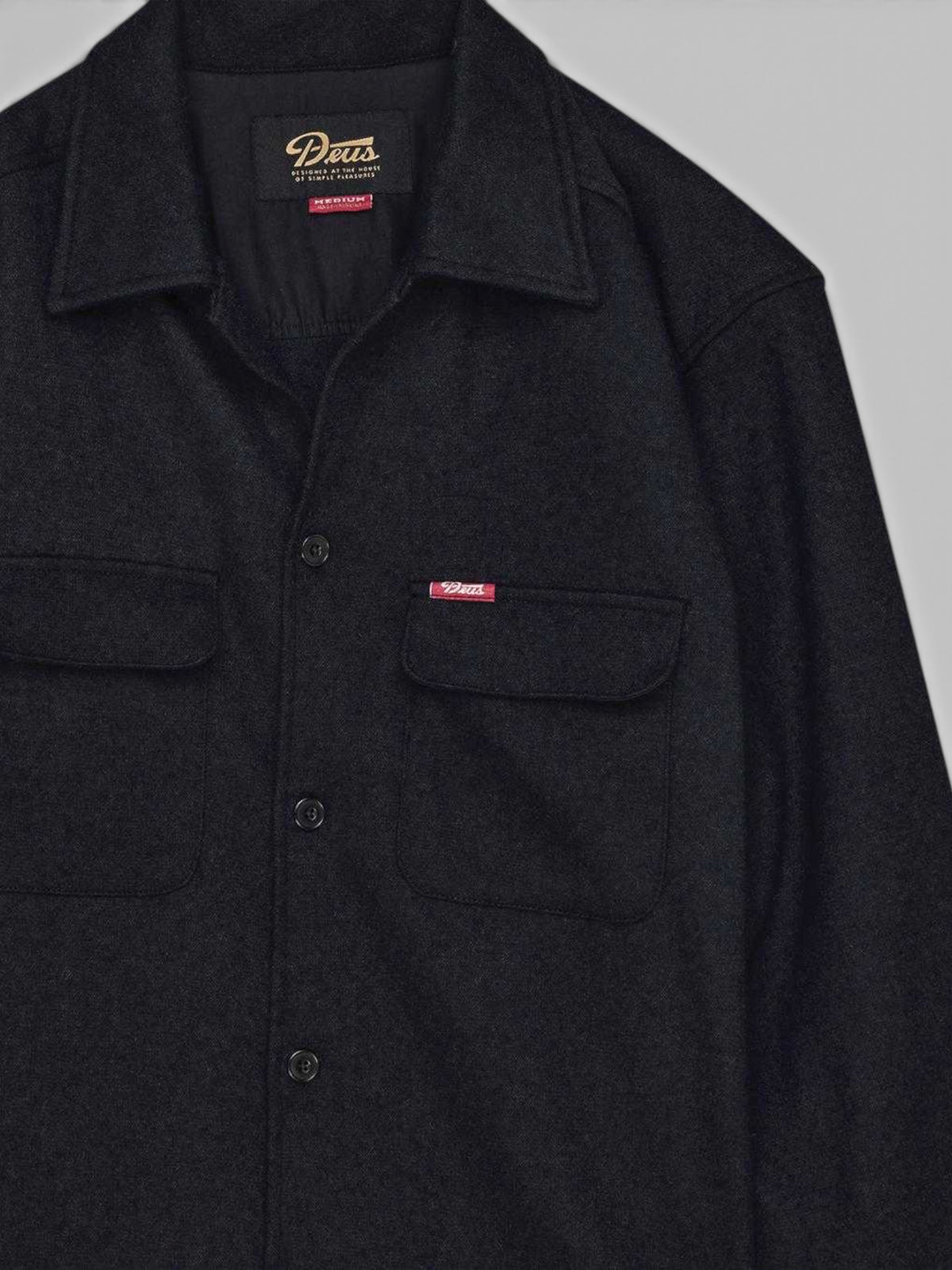 Baffle Haus Clayton black wool-blend long sleeve shirt with chest patch pockets and button-down front closure