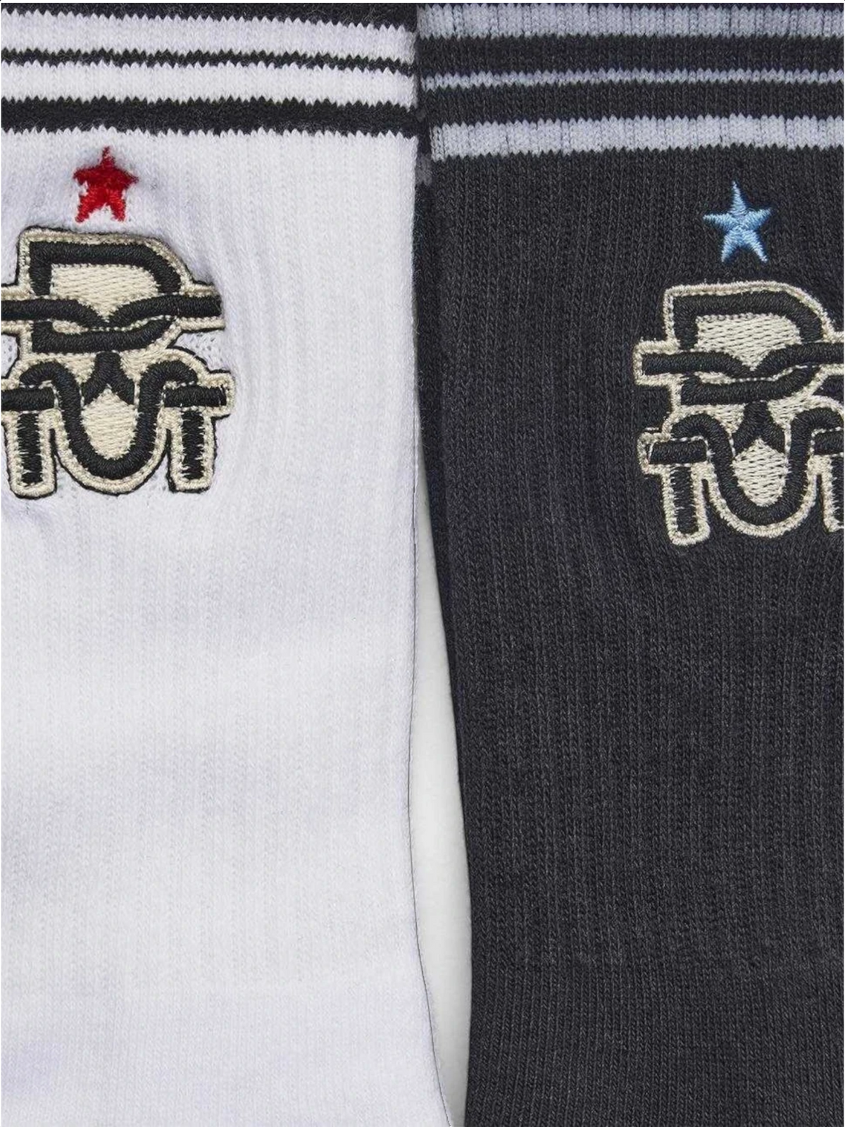 Baffle Haus Clubhouse cotton blend socks in white and black with ribbed ankles and jacquard Deus logo embroidery