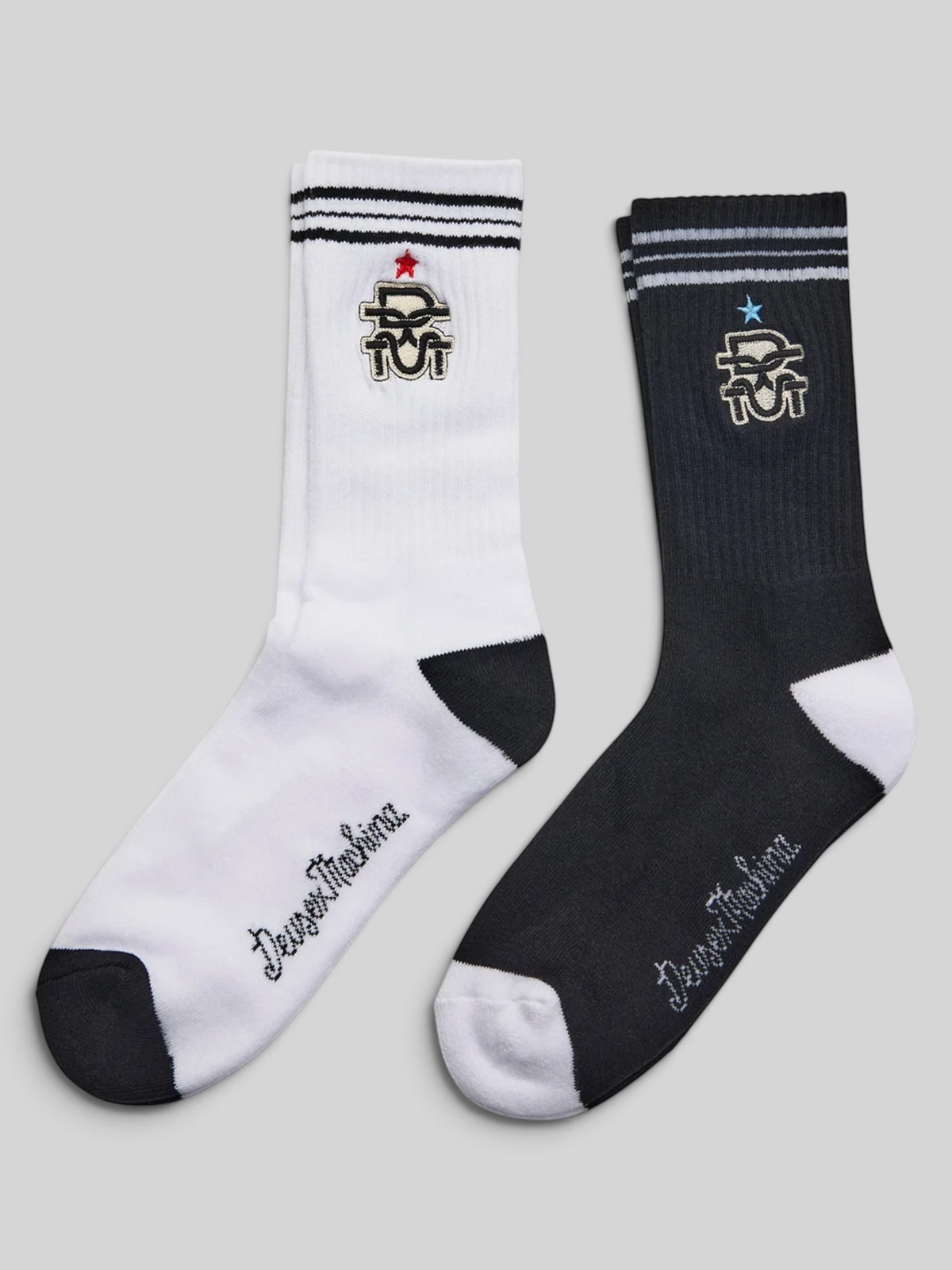 Baffle Haus Clubhouse cotton blend socks in black and white with ribbed ankles and Deus logo jacquard detail