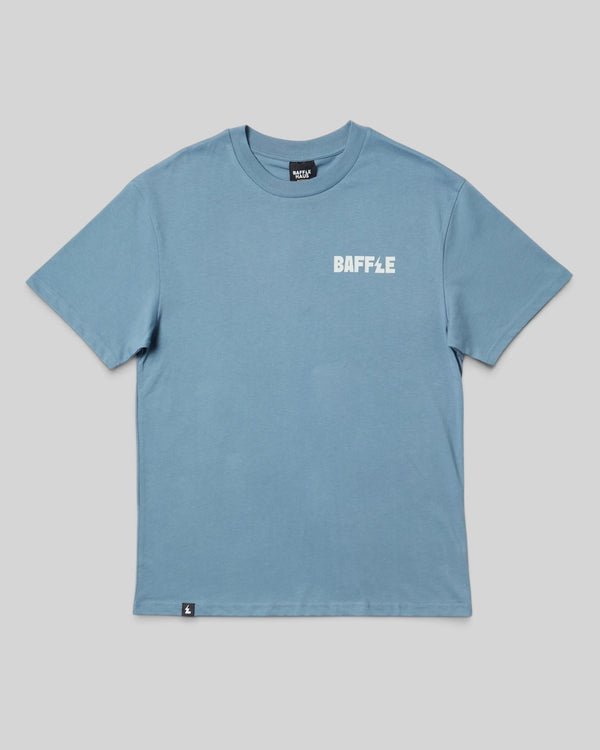 Baffle Haus Flags Tee in coastal blue, made from 100% cotton with a small white chest logo and hem tag.