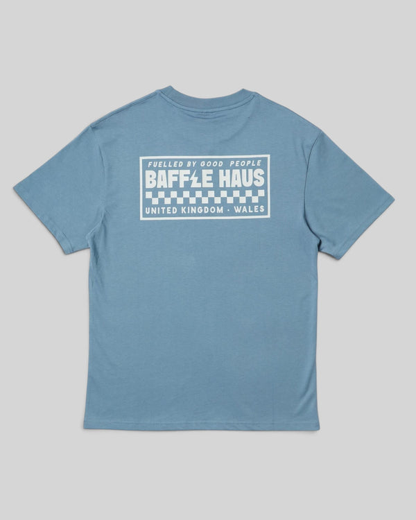 Baffle Haus Flags Tee in coastal blue cotton with white graphic print on the back featuring brand logo and details.