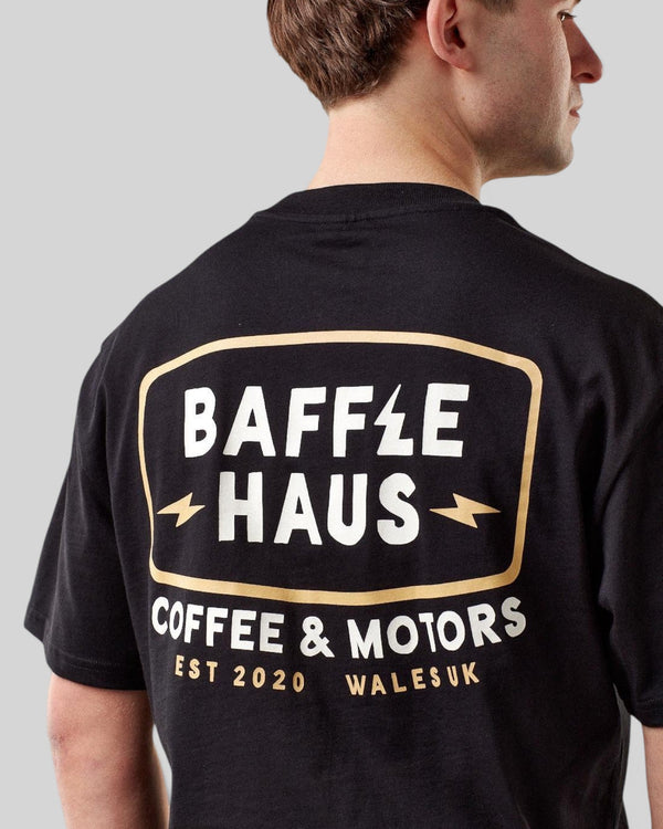 Baffle Haus black cotton t-shirt featuring a Coffee & Motors graphic print on the back