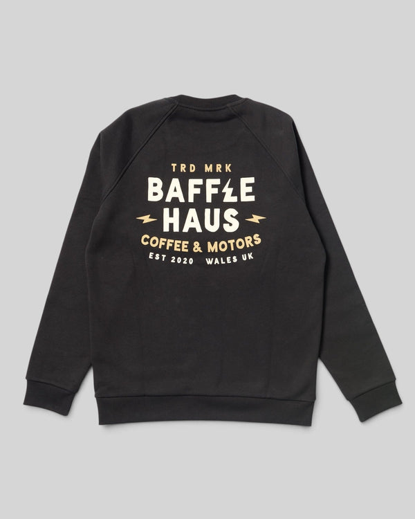Baffle Haus Coffee & Motors sweatshirt in printers ink black with cream graphic print on the back