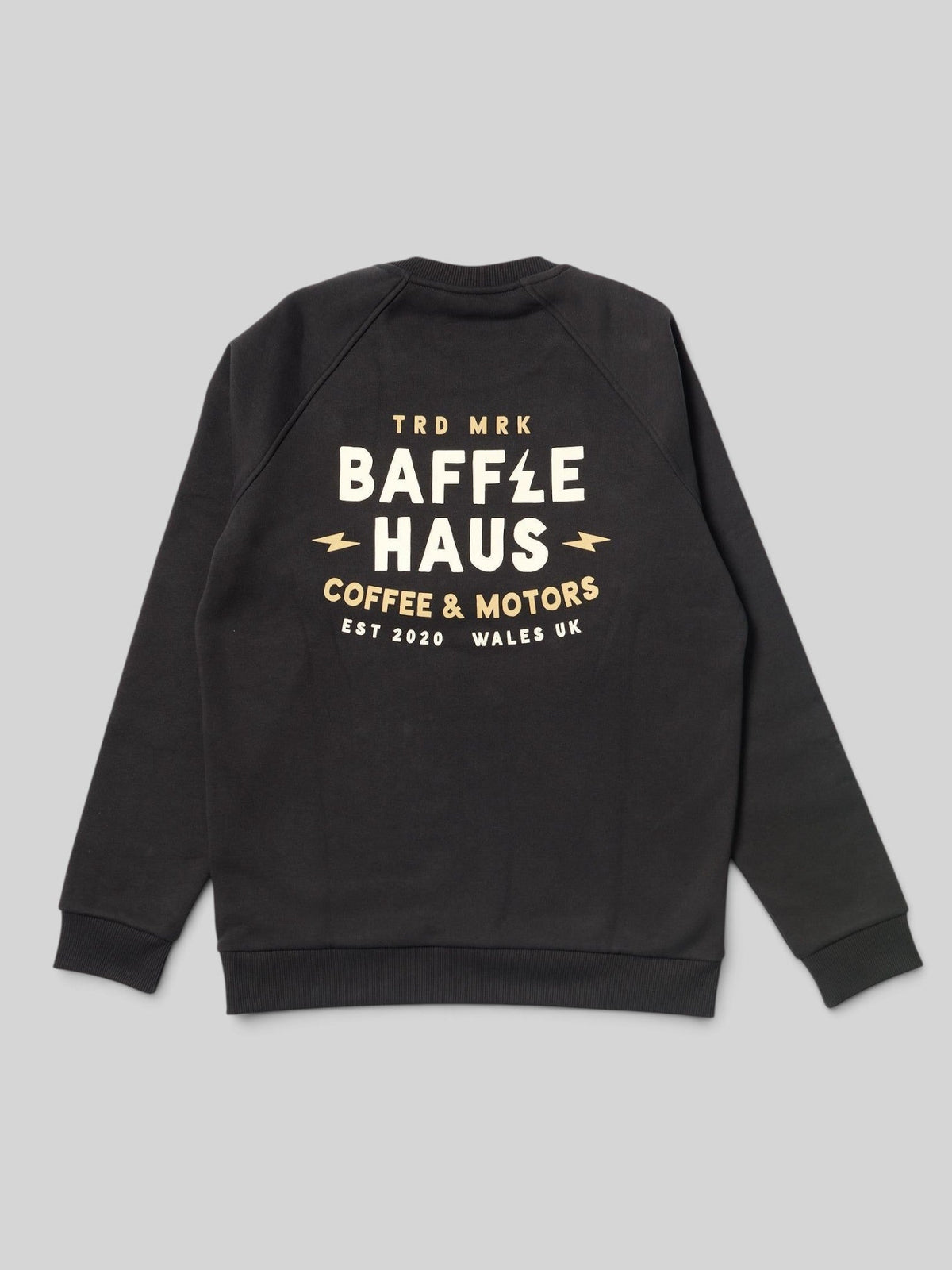 Baffle Haus Coffee & Motors sweatshirt in printers ink black with cream graphic print on the back