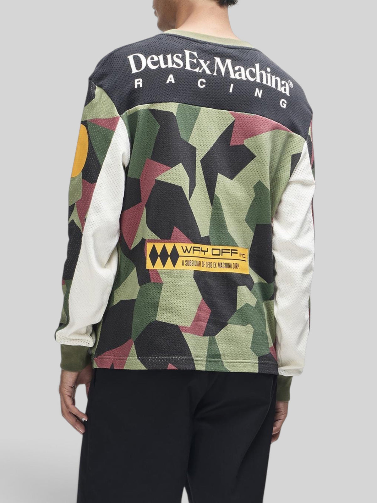 Baffle Haus Colt Ryder oversized camo moto jersey in polyester mesh with Deus Ex Machina racing graphics on back