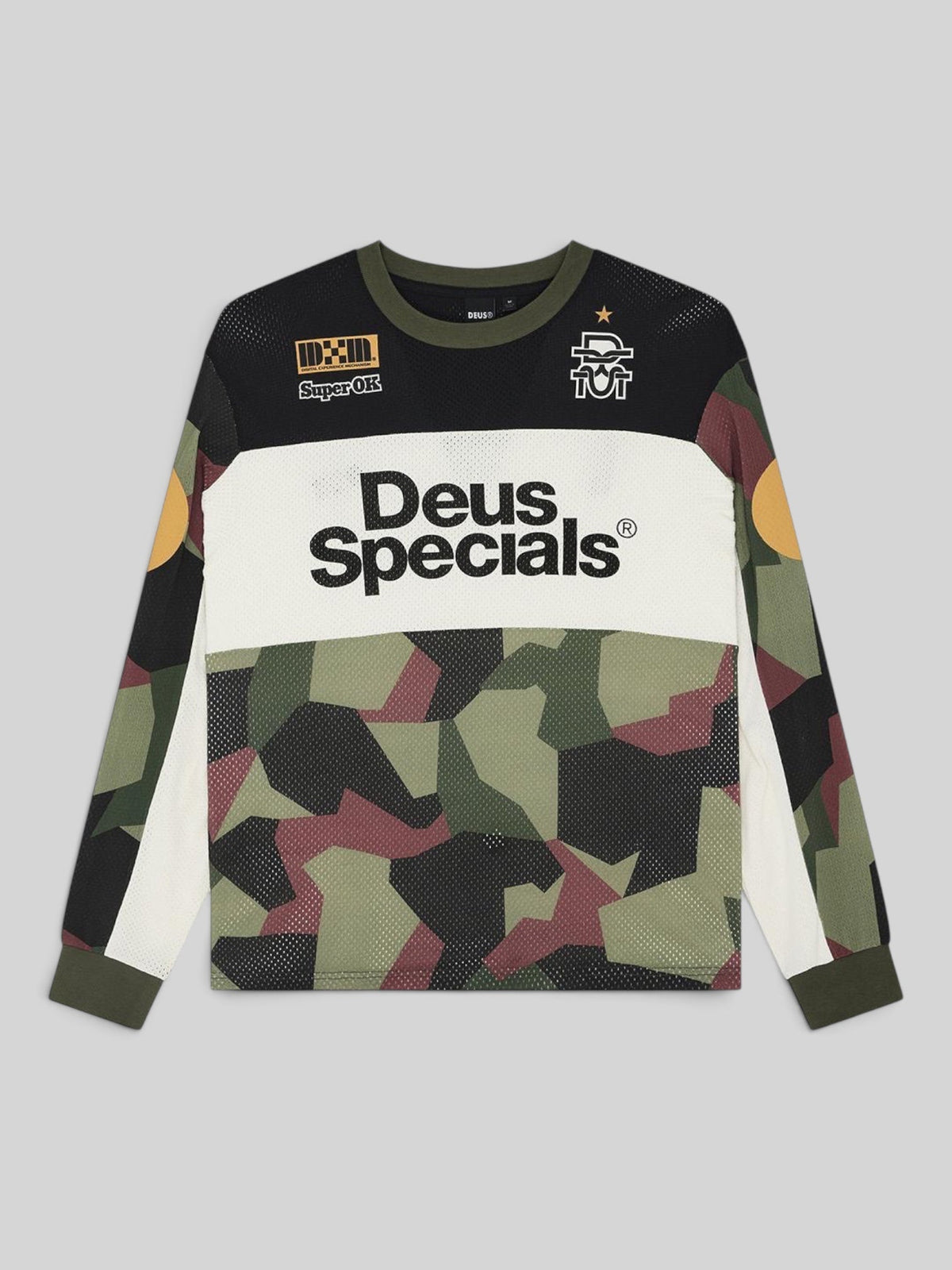 Baffle Haus Colt Ryder oversized moto jersey in camo print with Deus Specials branding and mesh polyester fabric