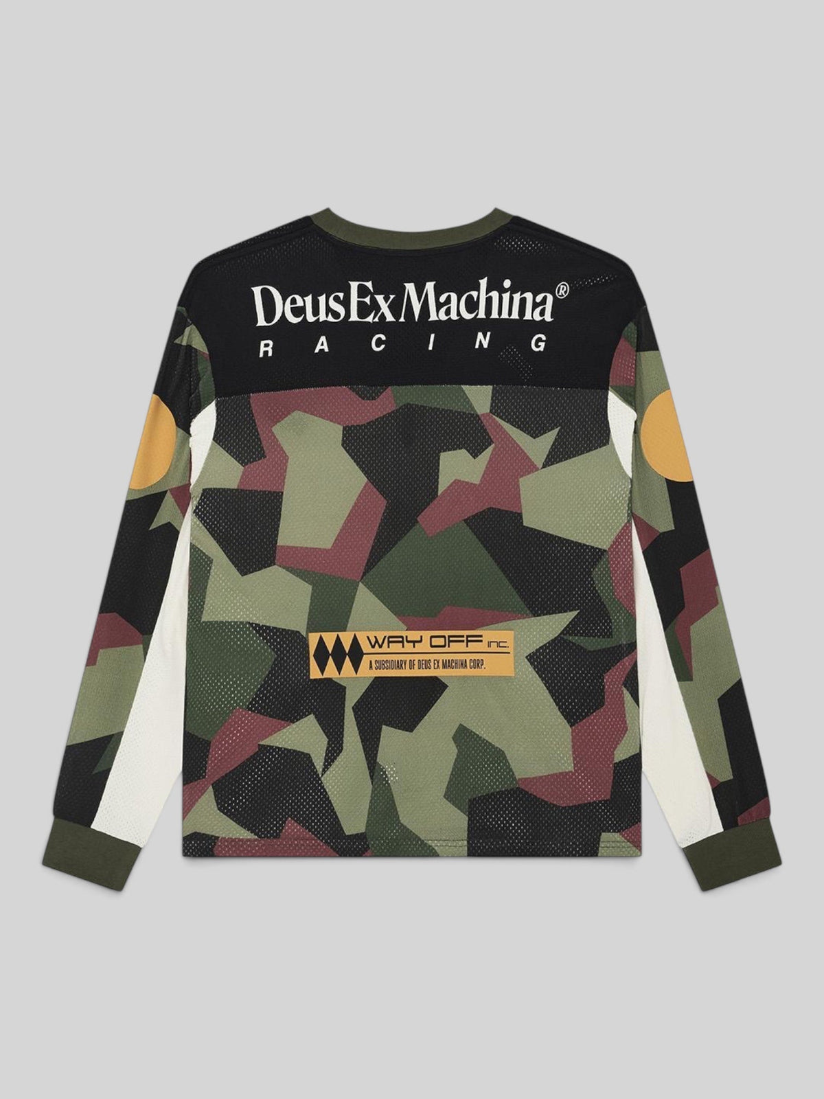 Baffle Haus Colt Ryder oversized moto jersey in camo print with Deus Ex Machina branding and mesh polyester fabric.