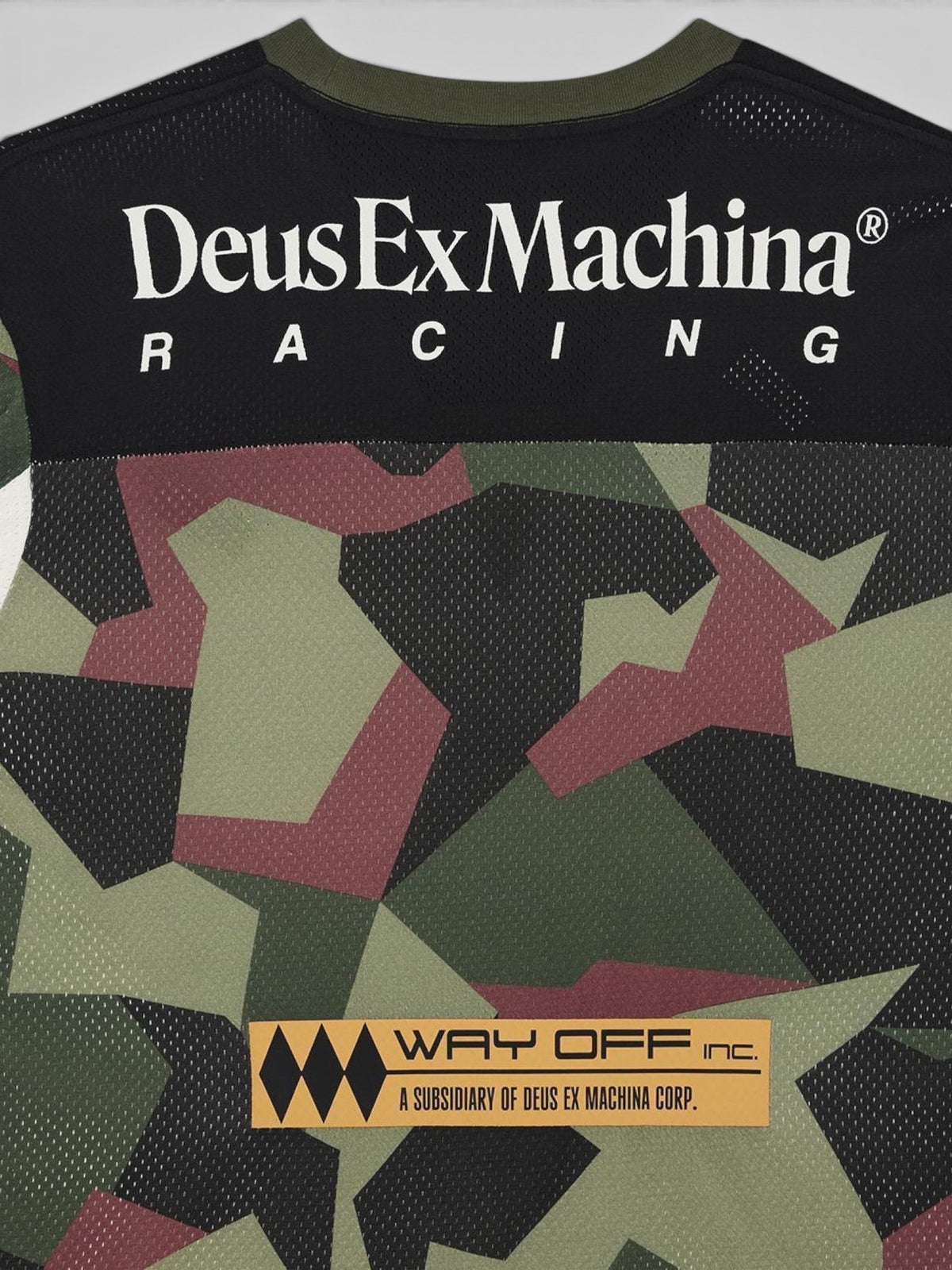 Baffle Haus Colt Ryder moto jersey in camo print with Deus Ex Machina Racing branding on breathable mesh polyester