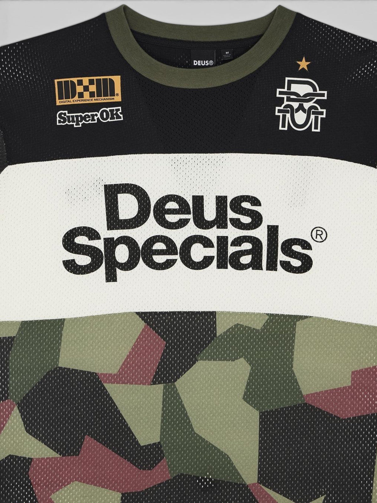 Baffle Haus Colt Ryder moto jersey in camo print with black and white panels, made from breathable mesh polyester.