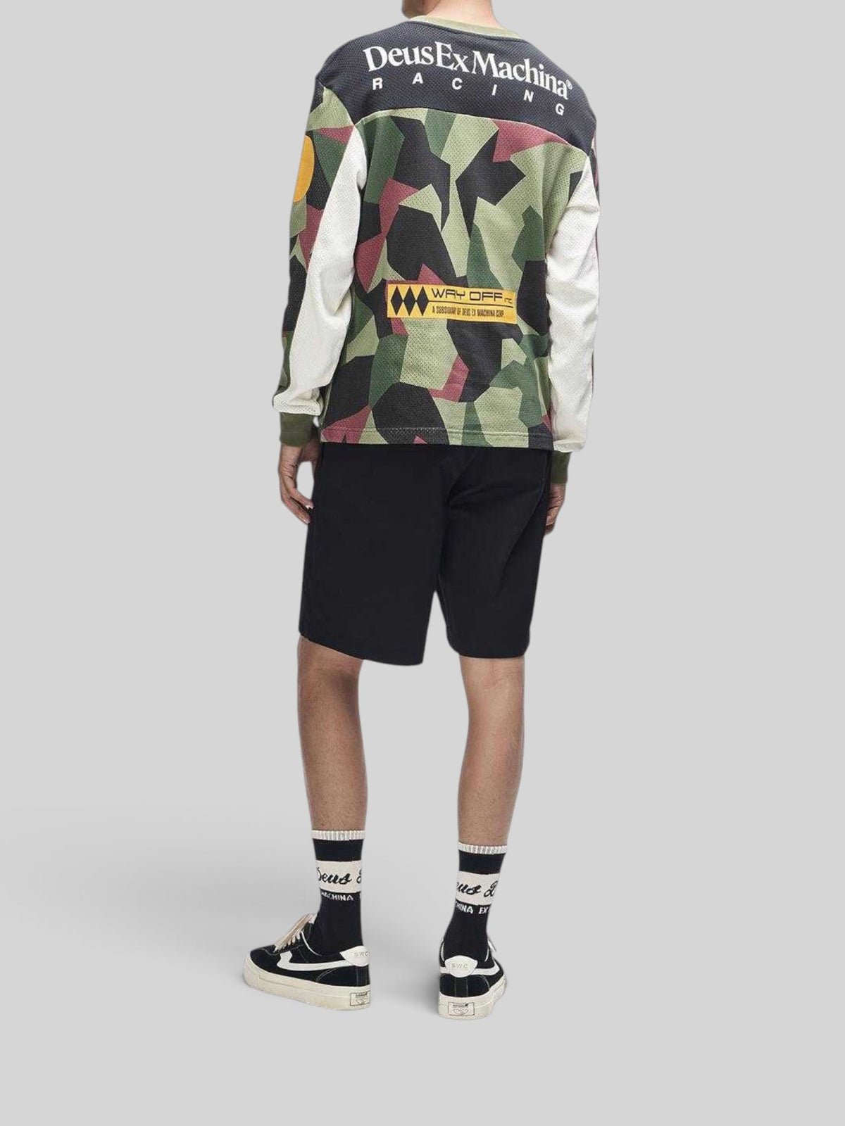 Baffle Haus Colt Ryder moto jersey in camo print with oversized fit, mesh polyester fabric, and retro racing graphics.