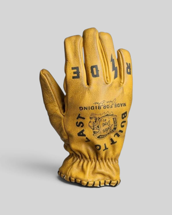 Baffle Haus John Doe Coyote yellow cowhide leather motorcycle gloves with black graphic print and short cuff