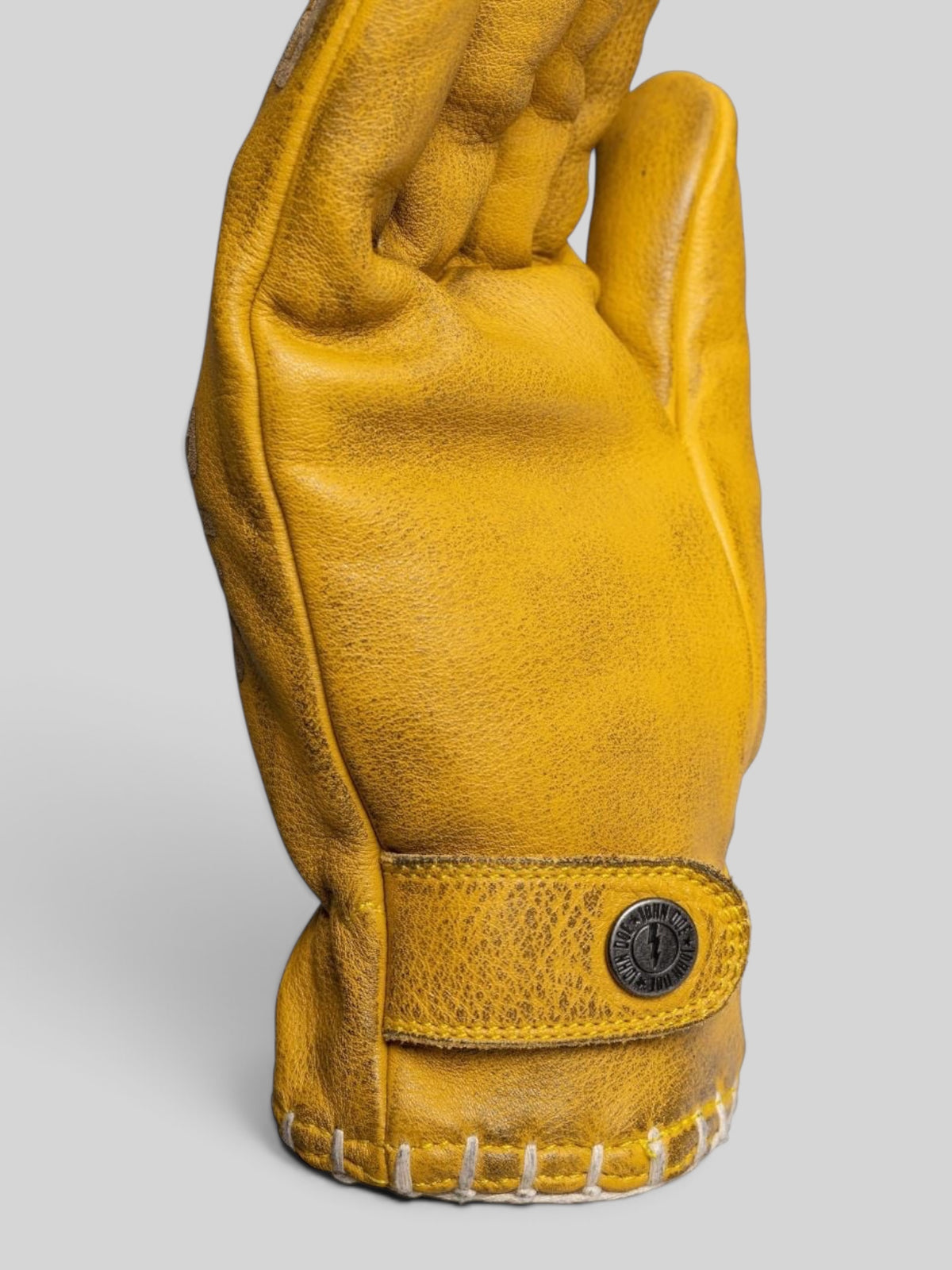 Baffle Haus Coyote yellow full-grain cowhide leather motorcycle riding gloves with adjustable press-stud cuffs
