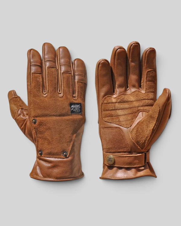 Baffle Haus Age of Glory Crafter caramel cowhide leather motorcycle gloves with suede panels and metal rivets.