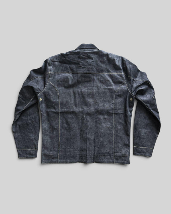 Baffle Haus Craftsman denim jacket in dark indigo, back view showing durable workwear construction and stitching.