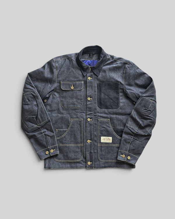 Baffle Haus Age Of Glory Craftsman denim jacket with antique brass buttons, contrast stitching, and protective pockets.