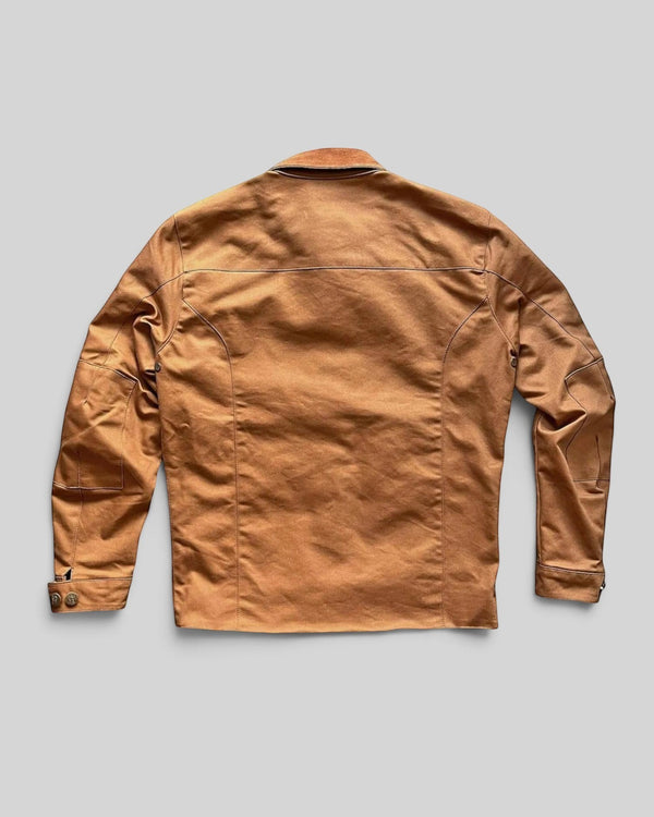 Baffle Haus Age Of Glory Craftsman jacket in caramel, a durable workwear-style motorcycle jacket, back view.