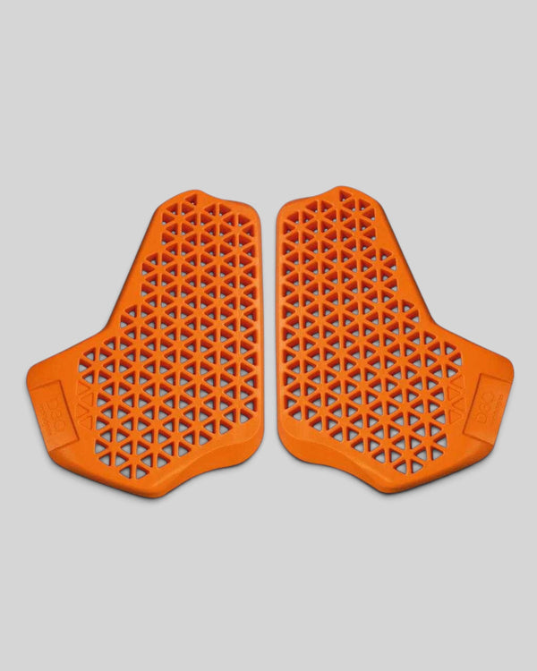 Baffle Haus D3O LP1 orange chest protector pair with ergonomic tri-ventilation design for motorcycle jackets