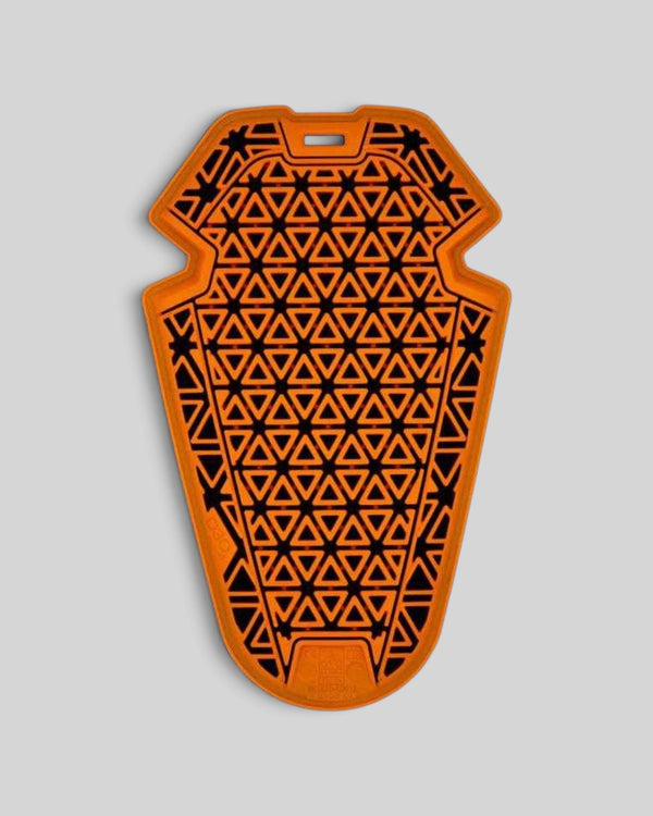 Baffle Haus D3O Ghost flexible orange and black impact protection armour for motorcycle elbow or knee pads.