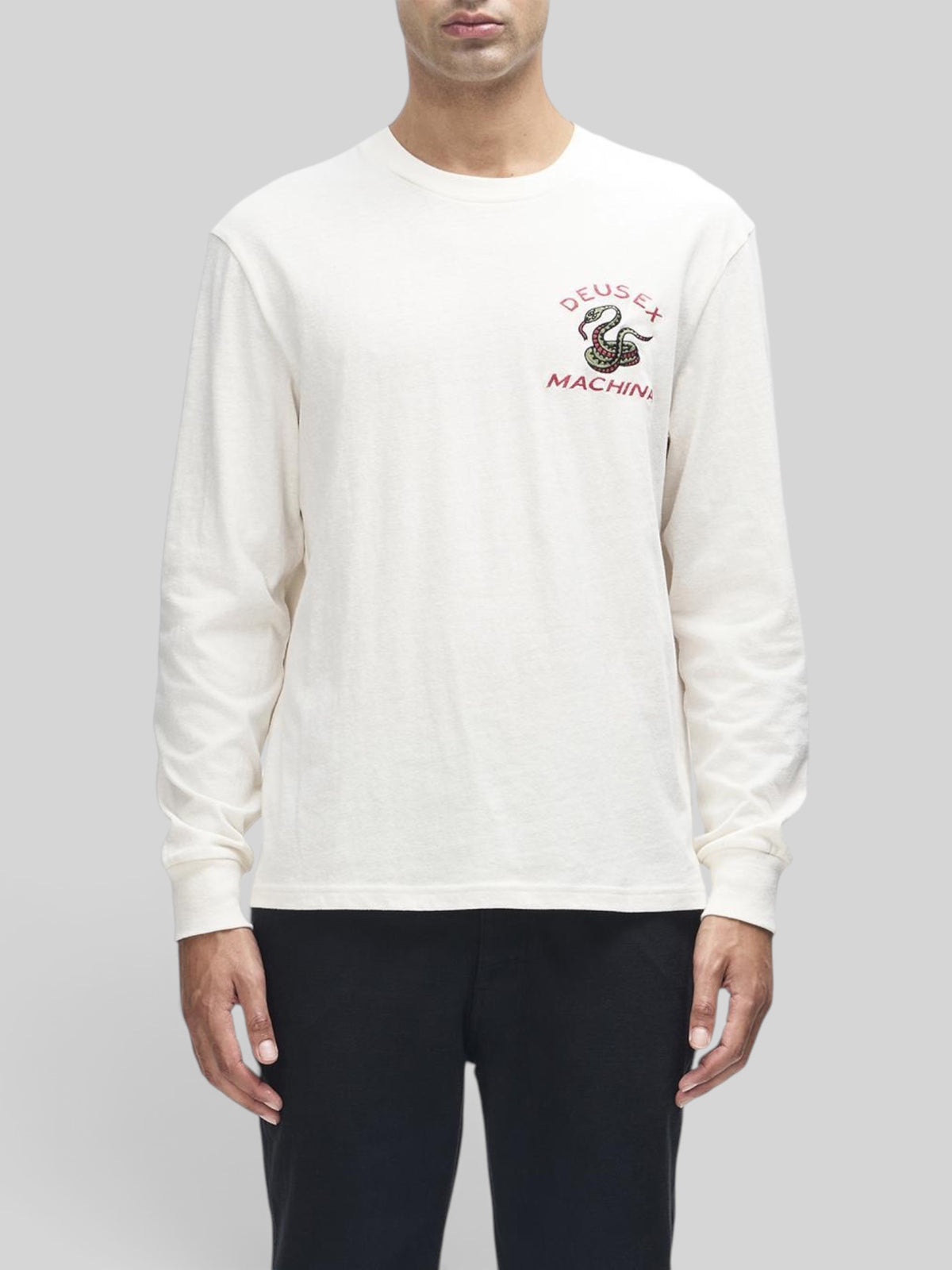 Baffle Haus Danger Noodle long sleeve tee in dirty white with embroidered snake chest graphic and ribbed cuffs