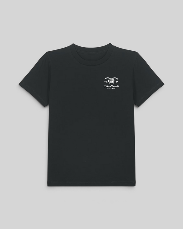 Baffle Haus dark charcoal kids t-shirt with white Petrolheads in Training chest graphic