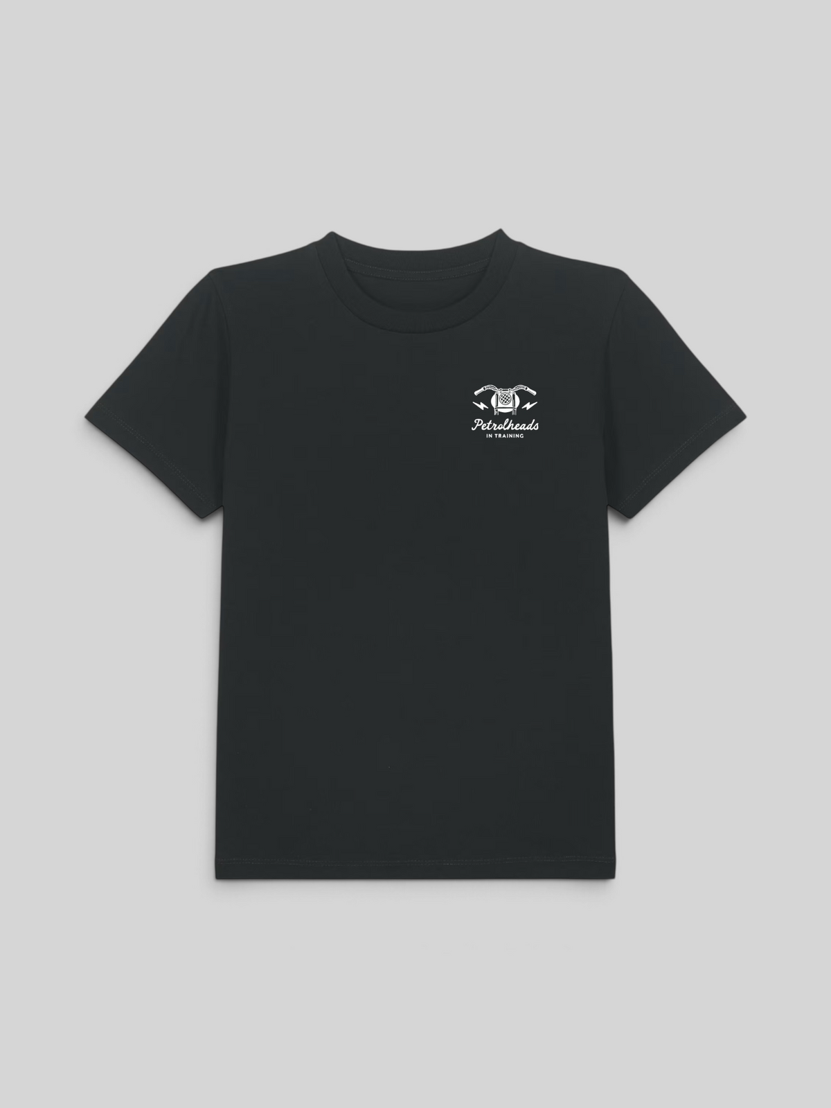 Baffle Haus dark charcoal kids t-shirt with white Petrolheads in Training chest graphic