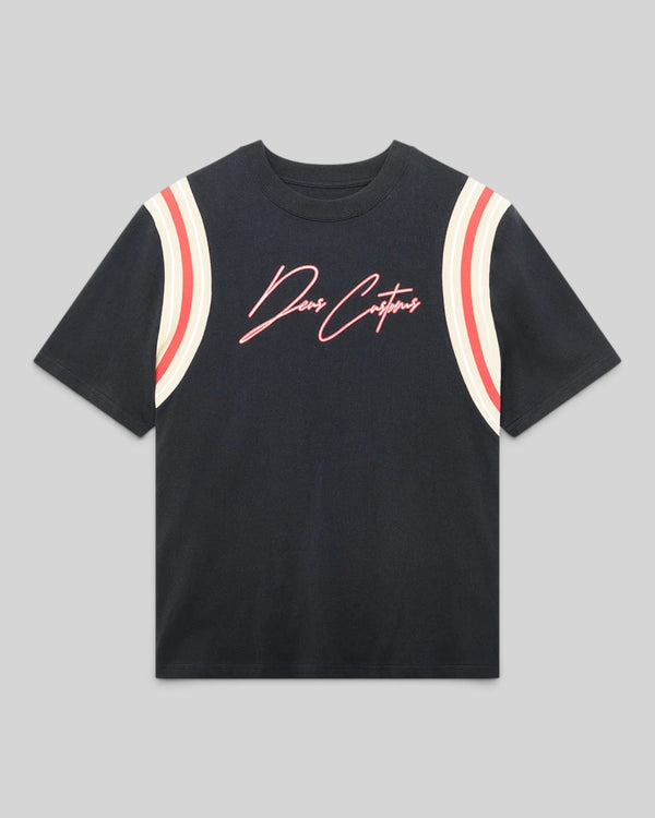 Baffle Haus Debute Tee in black with red and cream striped rib sleeve inserts and pink cursive front embroidery.