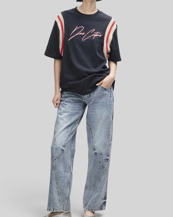 Baffle Haus Debute black midweight tee with red and cream striped sleeve inserts and front embroidery