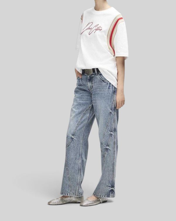 Baffle Haus Debute Tee in antique white with red and beige striped rib sleeve inserts and front embroidery