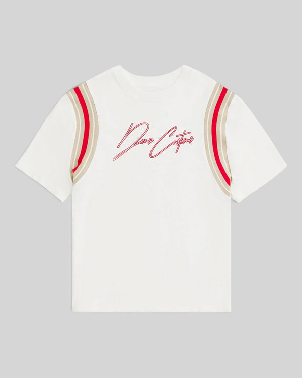Baffle Haus Debute Tee in antique white featuring red and beige striped rib sleeve inserts and front embroidery.