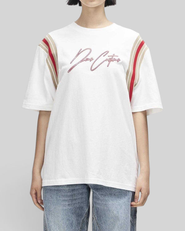 Baffle Haus Debute Tee in antique white with red and beige striped rib sleeve inserts and front script embroidery.