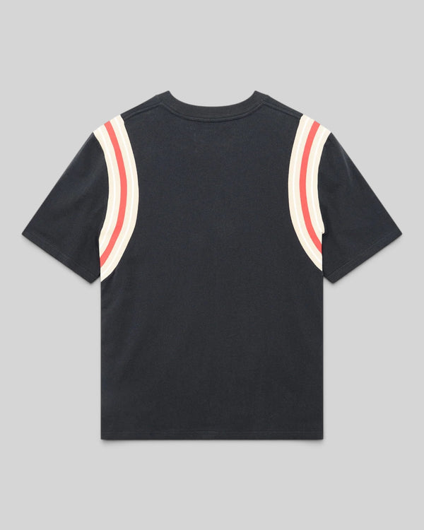 Baffle Haus Debute Tee in black featuring a relaxed fit, recycled cotton blend, and striped rib sleeve inserts.
