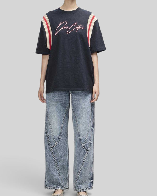 Baffle Haus Debute Tee in black with red and cream striped rib sleeve inserts and front embroidery in relaxed fit