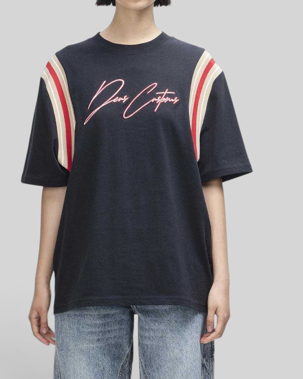 Baffle Haus Debute Tee in black with red and beige striped rib sleeve inserts and pink front embroidery