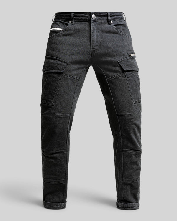 Baffle Haus Defender black motorcycle cargo pants in a slim-fit monolayer design with side pockets.