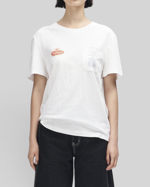Baffle Haus Deus A110 white lightweight cotton blend t-shirt with chest pocket and motorsport-inspired graphic print