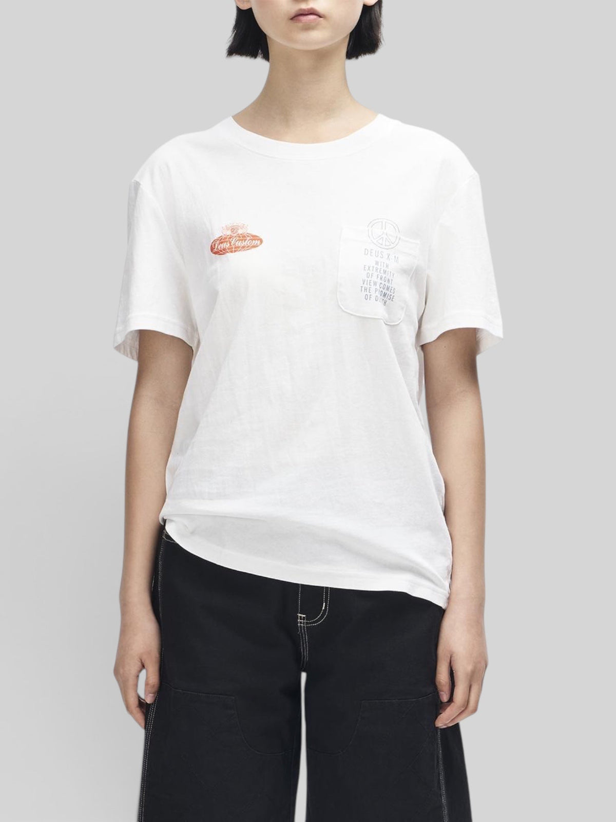 Baffle Haus Deus A110 white lightweight cotton blend t-shirt with chest pocket and motorsport-inspired graphic print