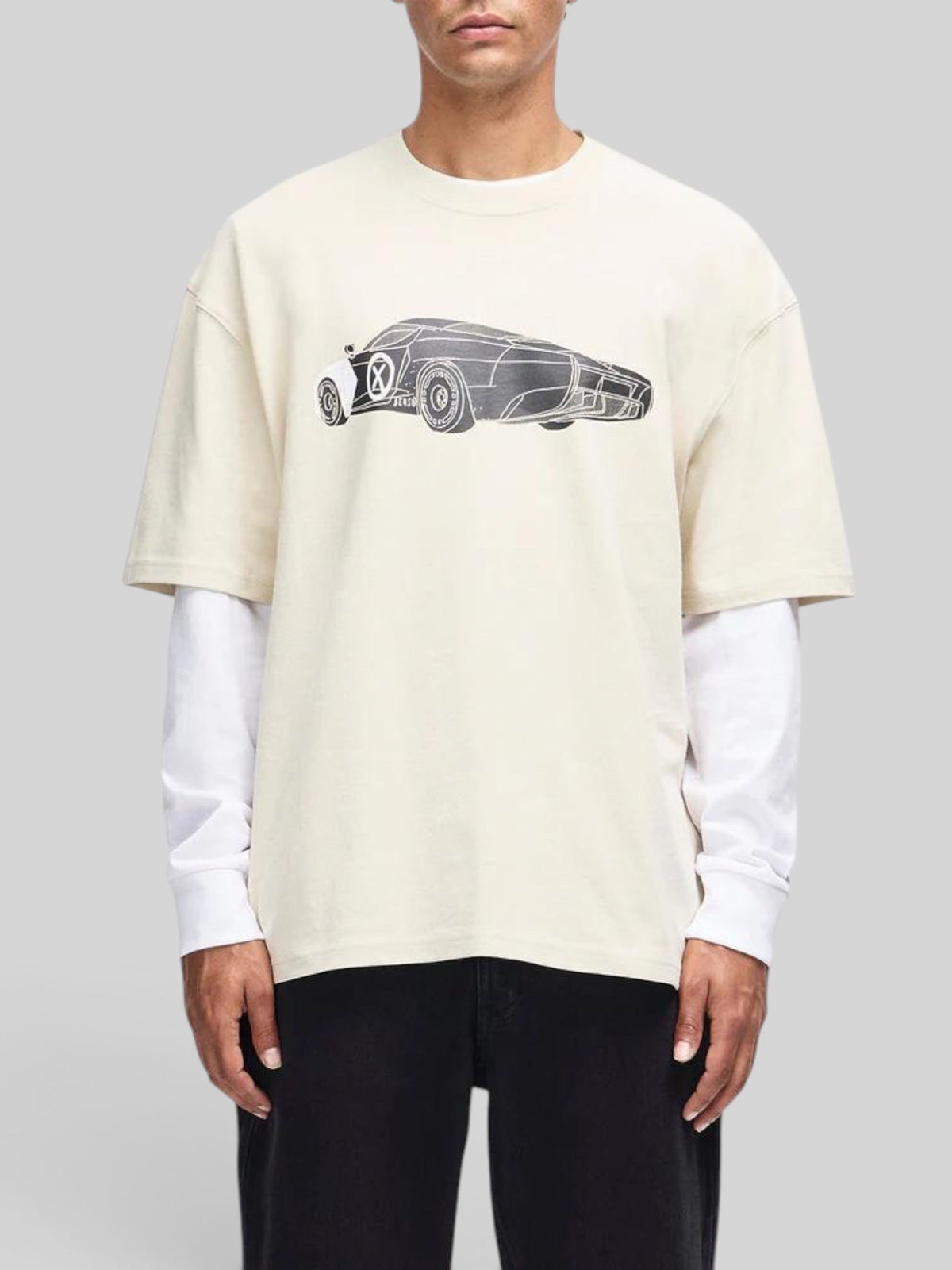Baffle Haus Deus x AGTZ oversized bone white recycled cotton t-shirt with black car graphic print on chest