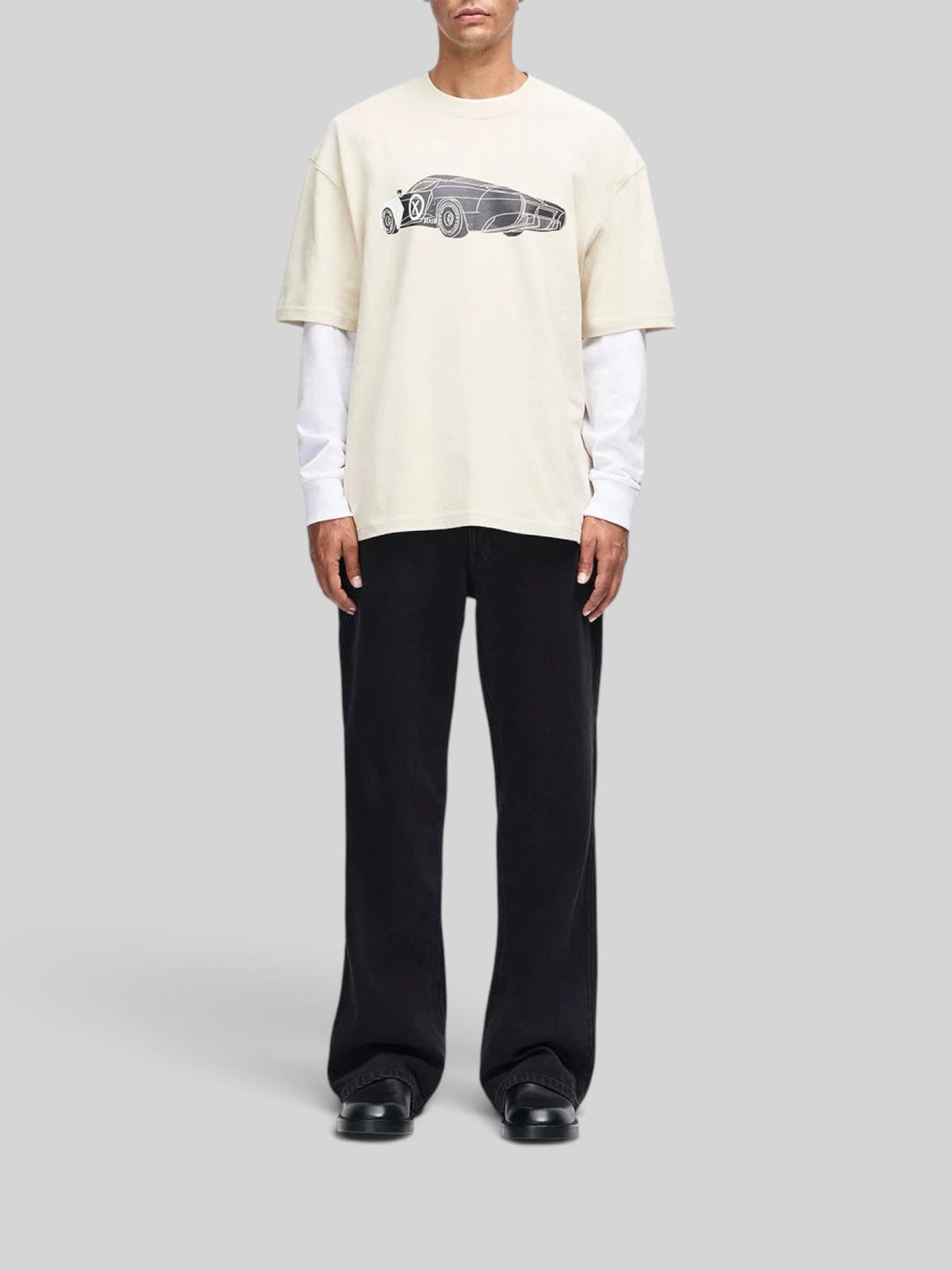 Baffle Haus Deus x AGTZ oversized bone white recycled cotton t-shirt with graphic car print on chest