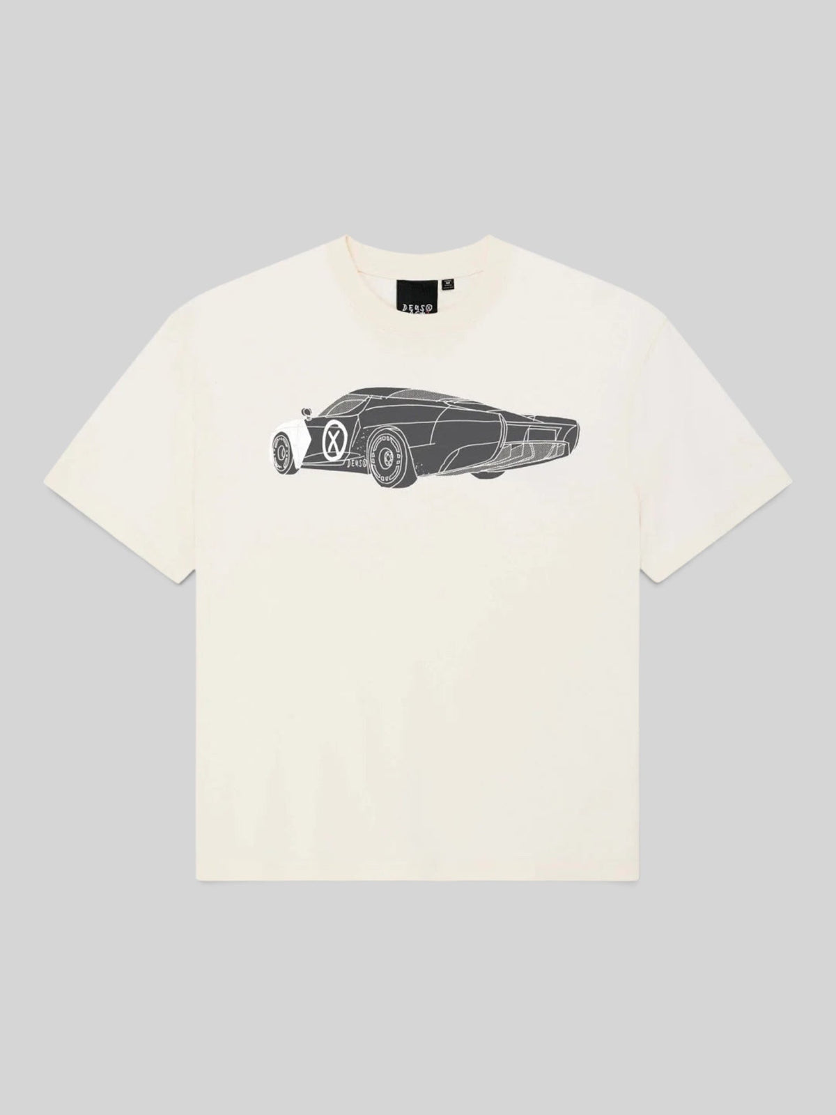 Baffle Haus Deus x AGTZ oversized bone white recycled cotton t-shirt with a grey car graphic print on the chest.