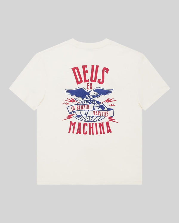 Baffle Haus Deus Ex Machina box fit t-shirt in dirty white with red and blue eagle graphic print on the back