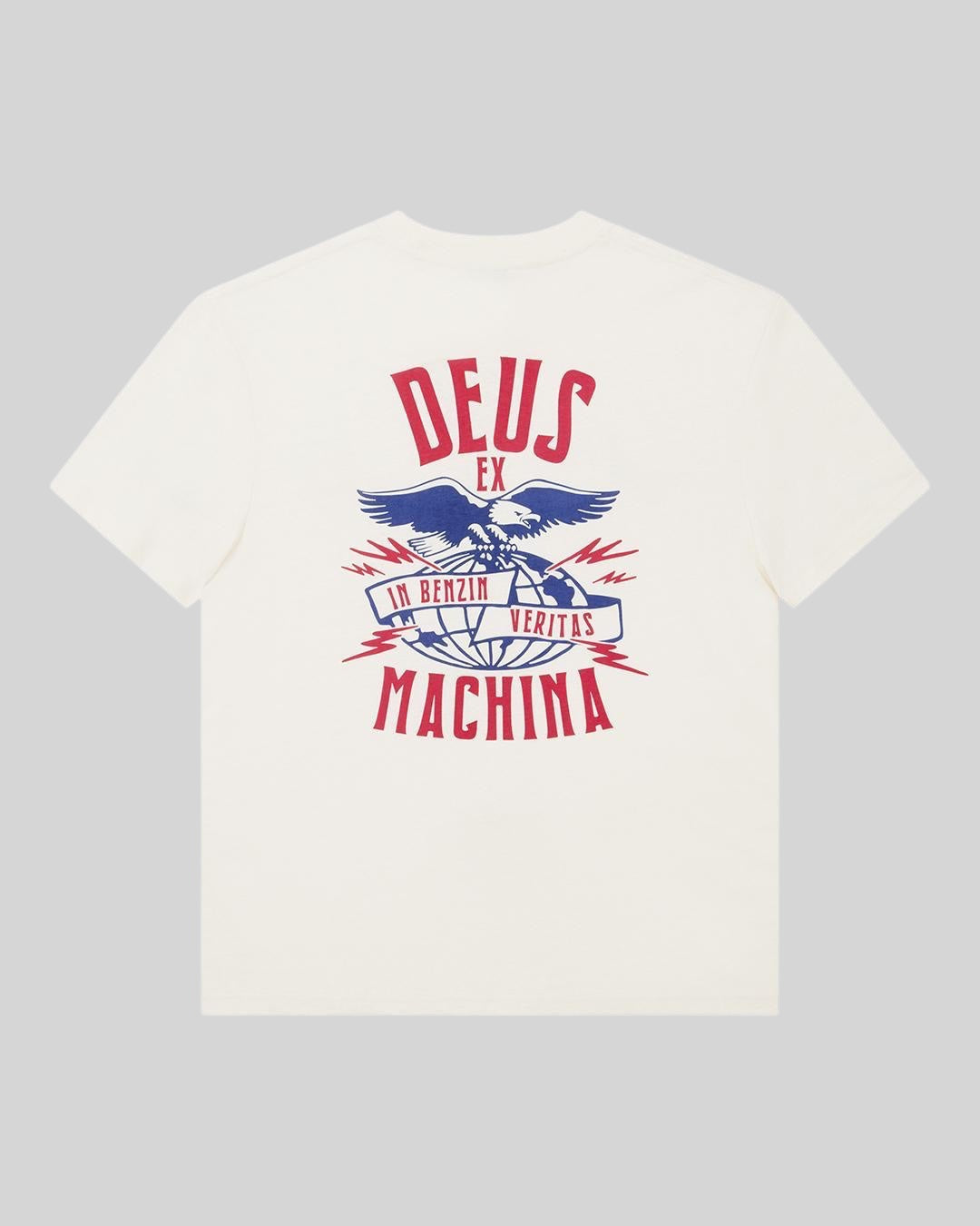 Baffle Haus Deus Ex Machina box fit t-shirt in dirty white with red and blue eagle graphic print on the back