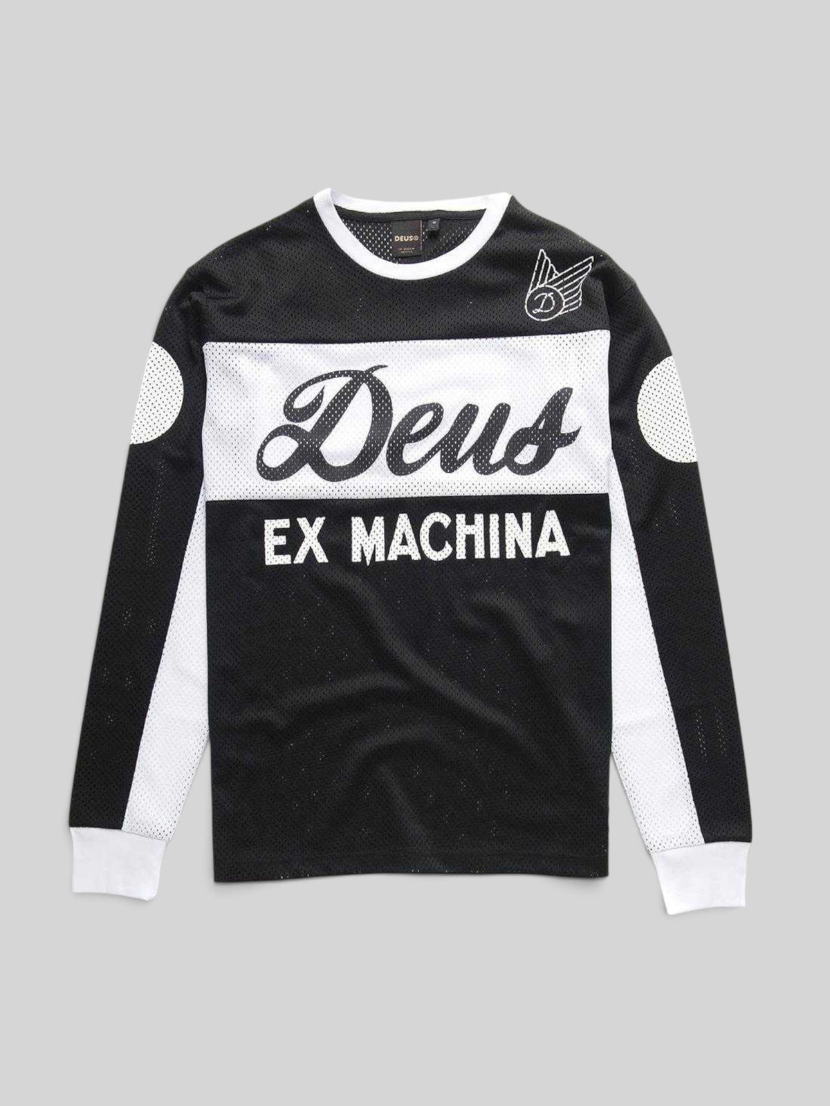 Baffle Haus Deus Ex Machina black and white polyester mesh long sleeve moto jersey with chest logo and badge detail.