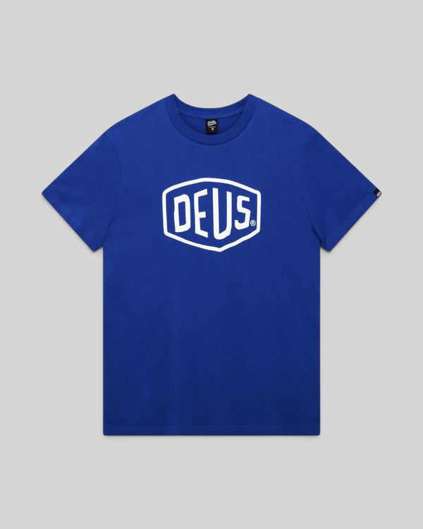 Baffle Haus Deus Shield classic blue organic cotton t-shirt with white logo graphic on chest