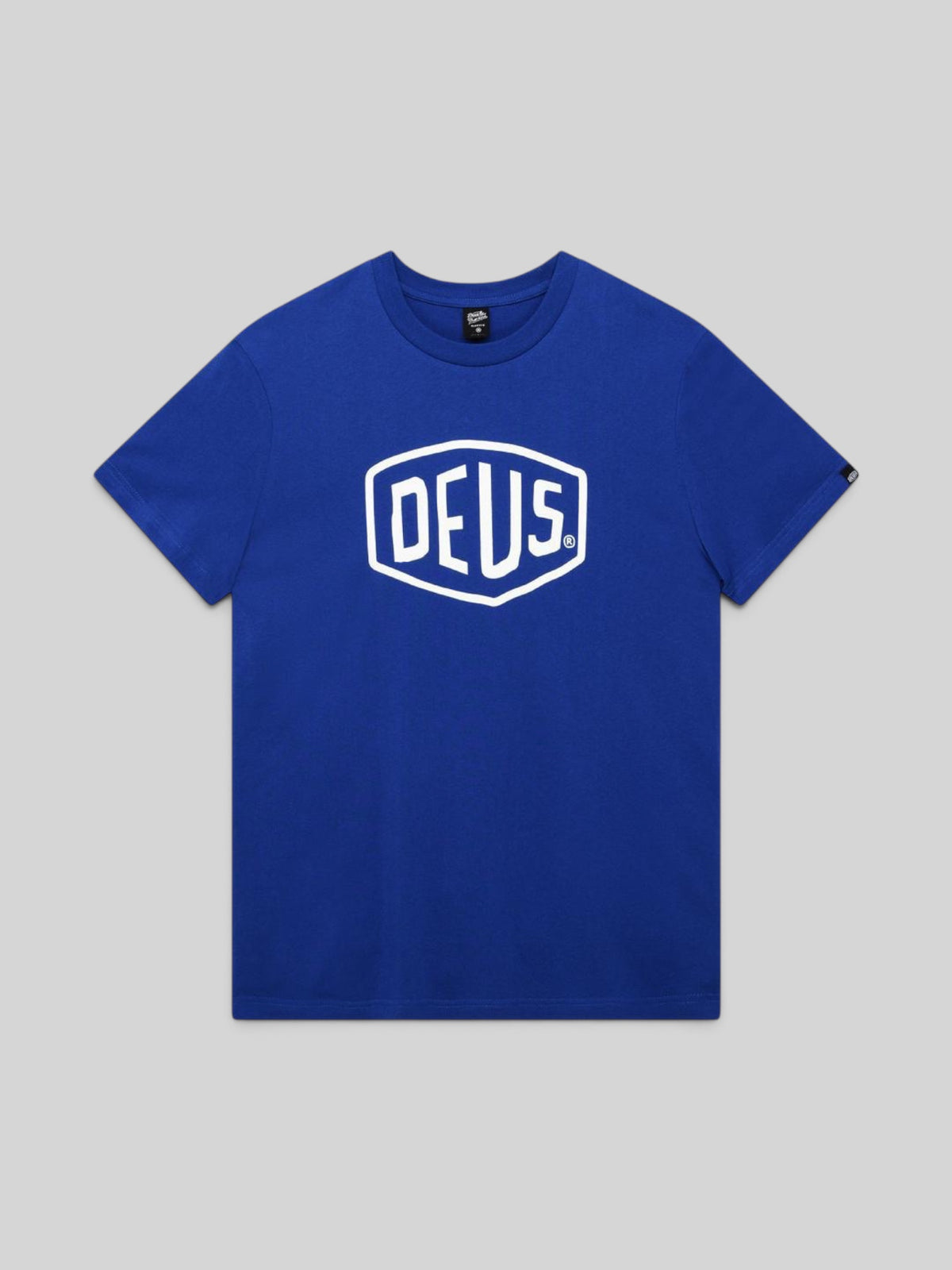 Baffle Haus Deus Shield classic blue organic cotton t-shirt with white logo graphic on chest