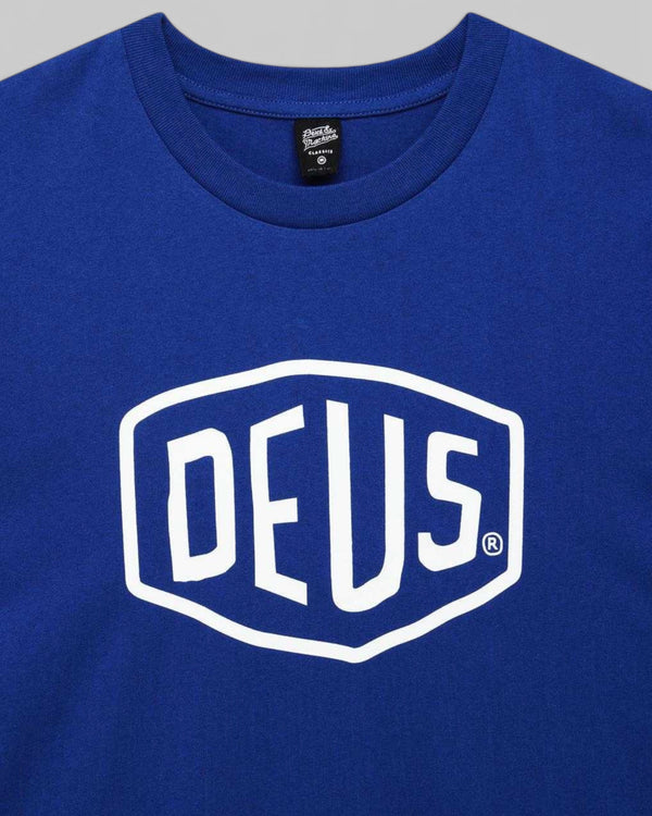 Baffle Haus Deus Shield classic blue organic cotton t-shirt with white logo graphic print