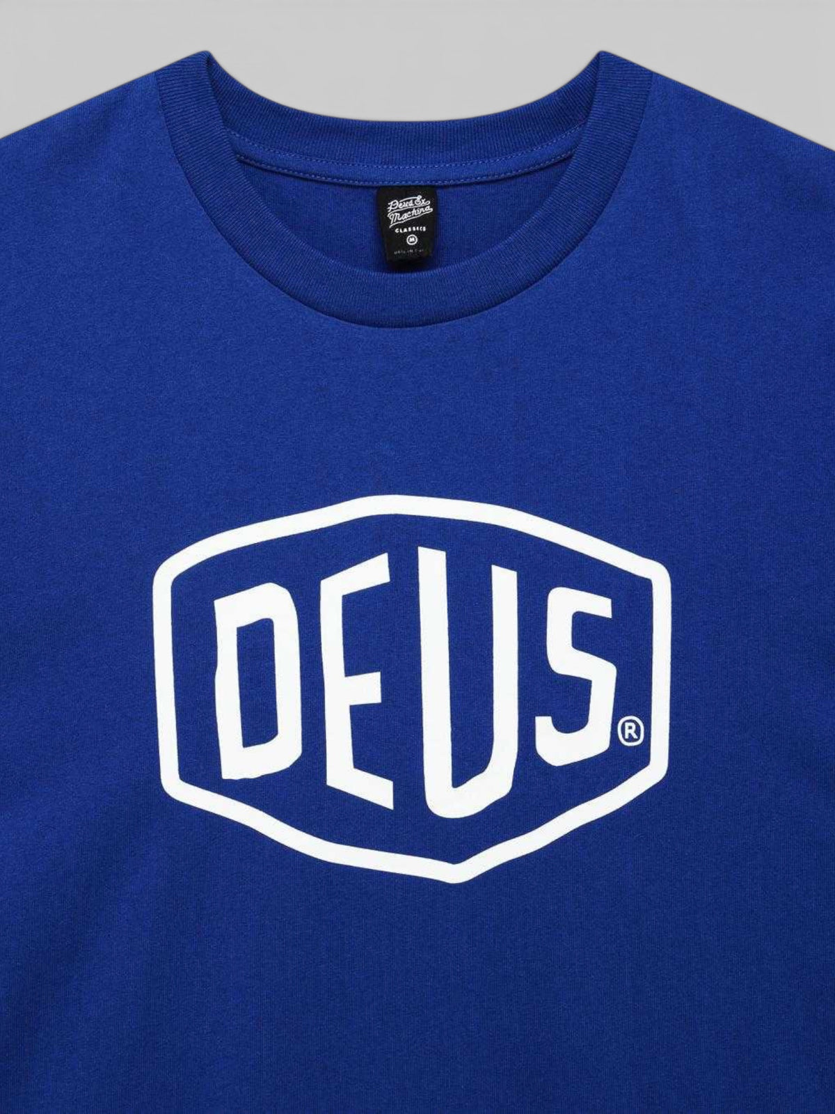 Baffle Haus Deus Shield classic blue organic cotton t-shirt with white logo graphic print
