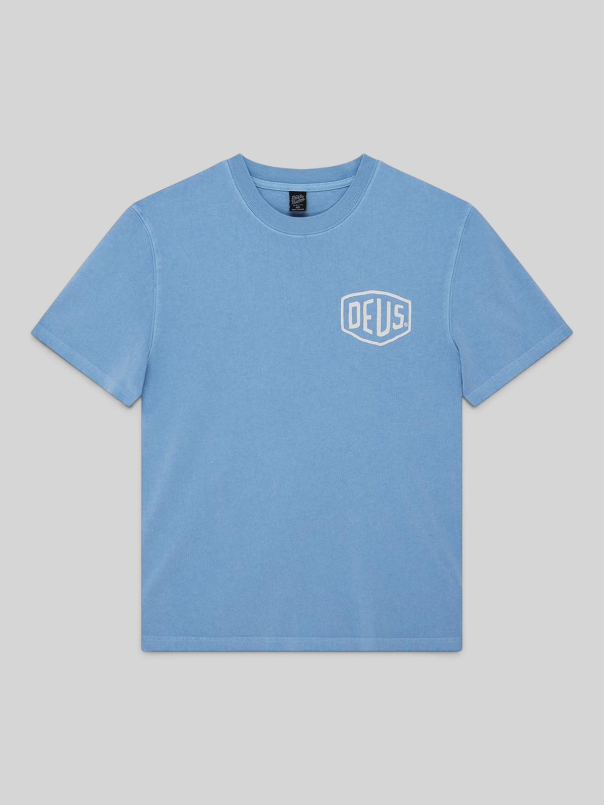 Baffle Haus Deus Shield garment dyed box fit t-shirt in Bonnie Blue with a white chest logo print.