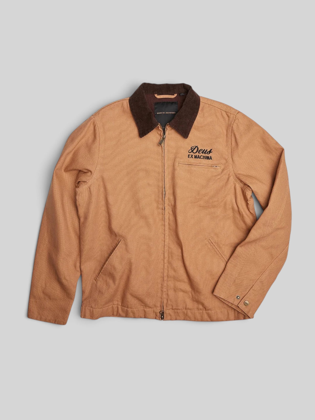 Baffle Haus Deus Ex Machina Address workwear jacket in dijon tan cotton canvas with a brown corduroy collar.