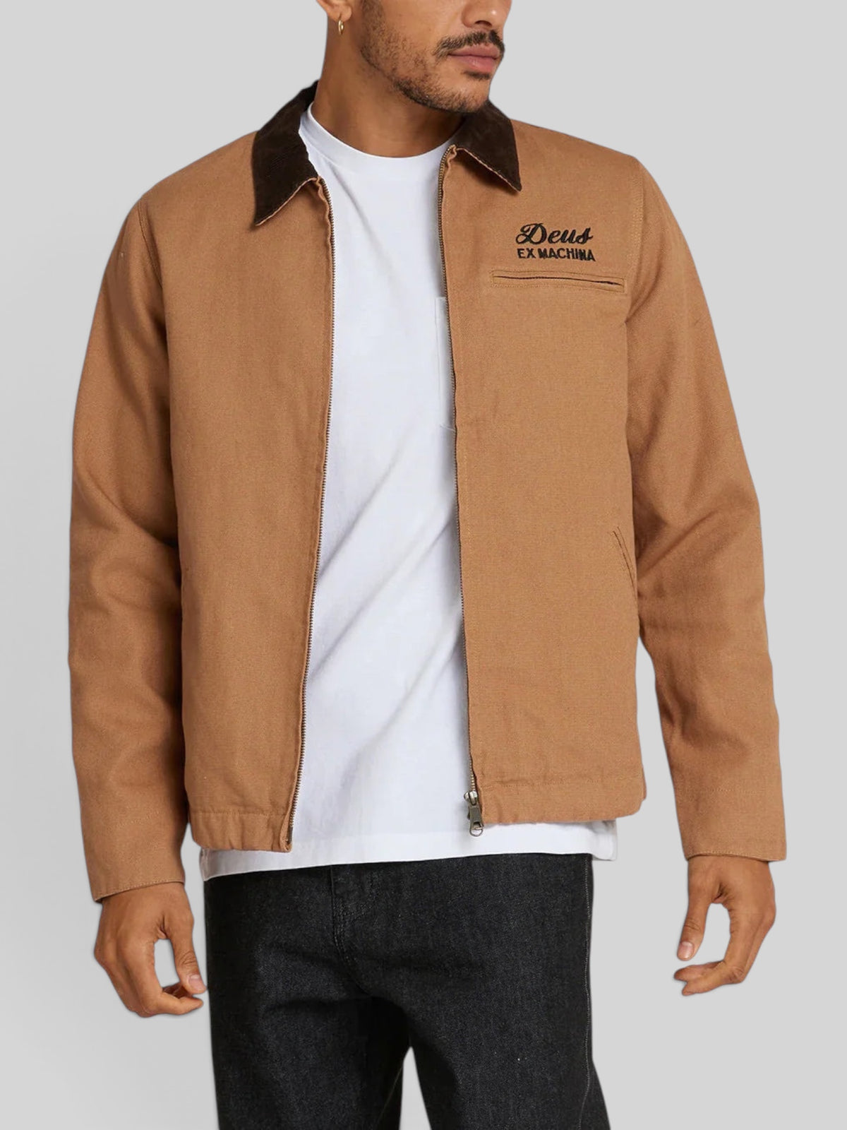 Baffle Haus Address workwear jacket in dijon tan cotton canvas with brown corduroy collar and embroidered logo